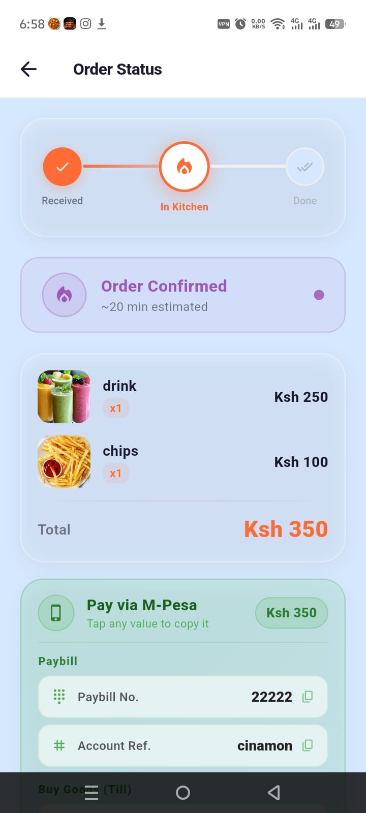 Order status and M-Pesa payment screen